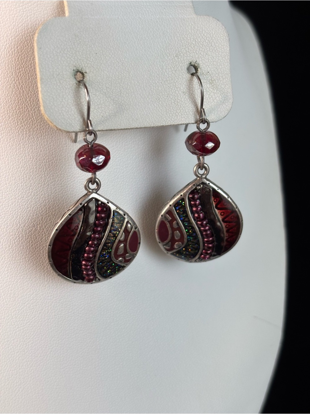 Chico's Silver-Tone Red Drop Earrings with Multicolor Bead Accents